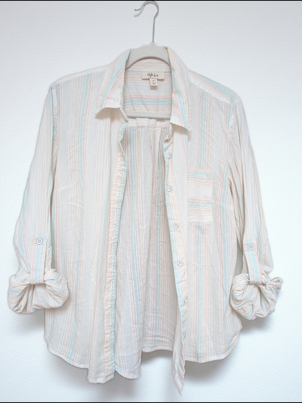 Style & Co. Cream Button-Down Shirt with Pastel Blue and Peach Stripes